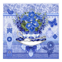 Blå Porslins Kopp och Blommor 16 x 16