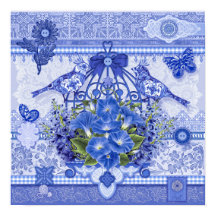 Blå Porslinsfåglar och Fågelbur Poster 16 x 16
