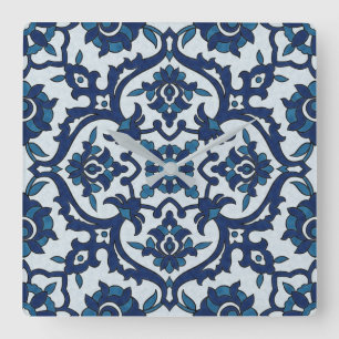 Blå portugisiska Azulejos Blommigt Tile Mönster Fyrkantig Klocka