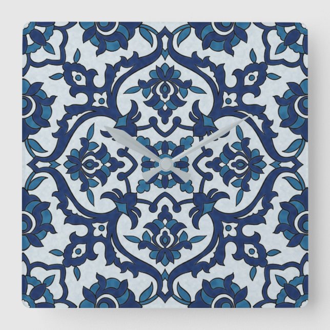 Blå portugisiska Azulejos Blommigt Tile Mönster Fyrkantig Klocka (Framsida)
