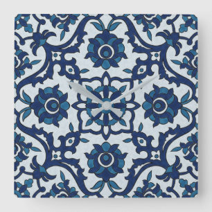 Blå portugisiska Azulejos-Blommigten Tile Mönste Fyrkantig Klocka