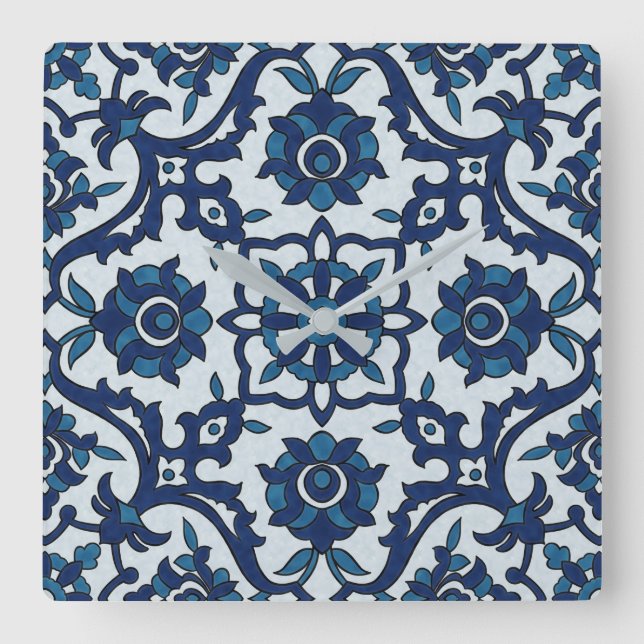 Blå portugisiska Azulejos-Blommigten Tile Mönster Fyrkantig Klocka (Framsida)