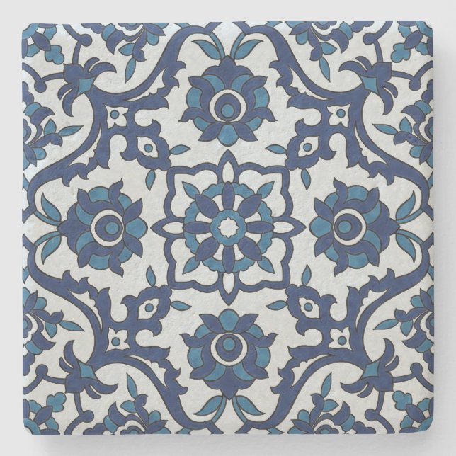 Blå portugisiska Azulejos-Blommigten Tile Mönster Stenunderlägg (Framsidan)