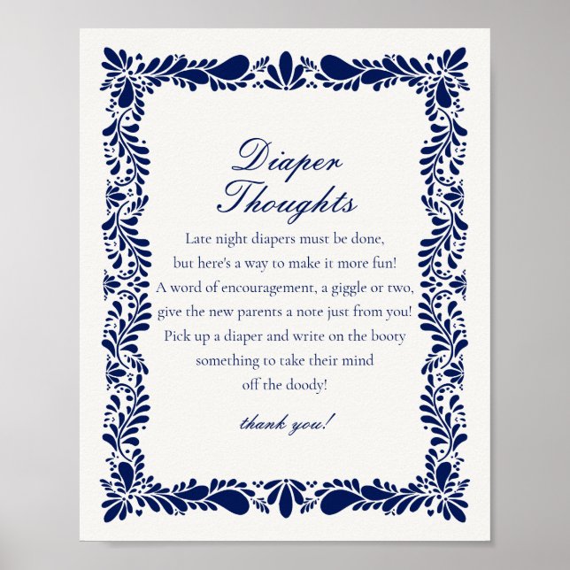 Blå pratavera Tile Diaper Thoughts Baby Shower Poster (Framsidan)