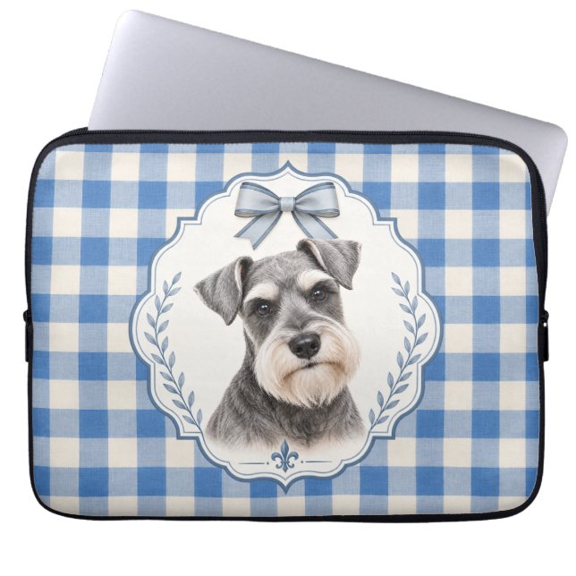 Blå Preppy Miniature Schnauzer Datorfodral (Framsidan)