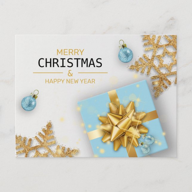 Blå presentlåda guld snöflingor julgranskulor helg vykort (Framsida)