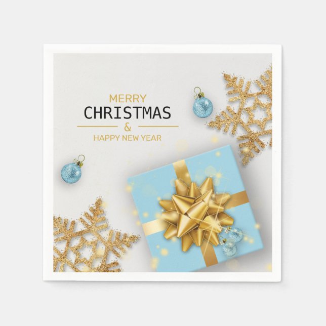 Blå presentlåda julgranskulor guld snöflingor pappersservett (Framsidan)