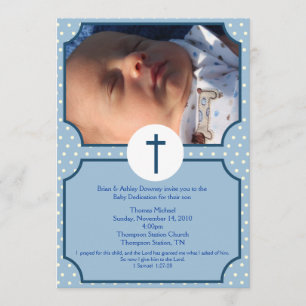 Blå prickar, baptism, Baby-dedikation, foto 5 x 7 Inbjudningar