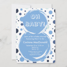 Blå prickig baby shower inbjudan