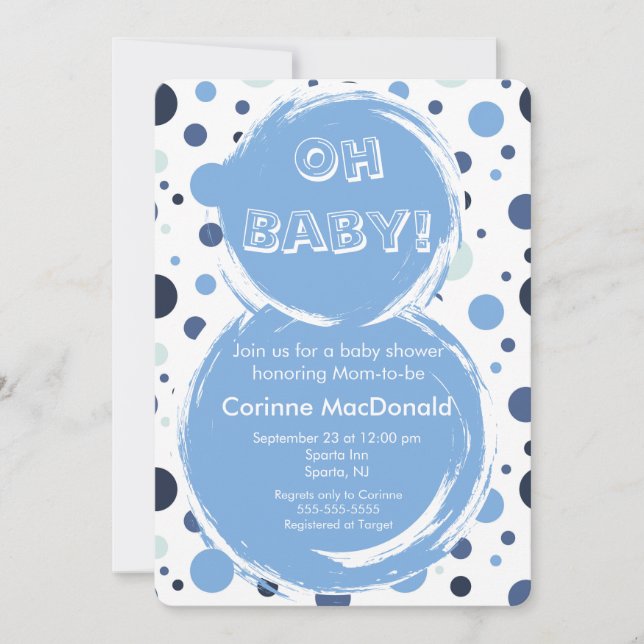 Blå prickig baby shower inbjudan (Framsida)