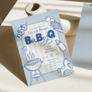 Blå prickig BBQ-par BBQ Baby Shower Inbjudningar