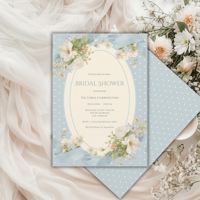 Blå prickig blomster elegant band bröllopsdusch inbjudningar (Skapare uppladdad)