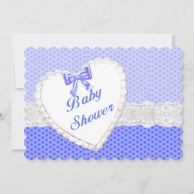 Blå prickig spets hjärta baby shower inbjudan (Framsida)