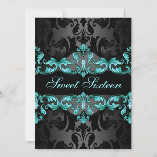 Blå prinsessan Damask Sweet16 Birthday Inbjudan