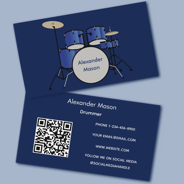 Blå professionell musiker trummis QR-kod Visitkort (Skapare uppladdad)