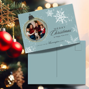 Blå prydnadsfamiljens julfoto Snowflake Helg Vykort