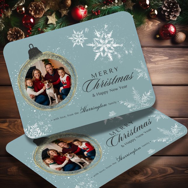 Blå prydnadsfamiljens julfoto Snowflake Magnet (Skapare uppladdad)
