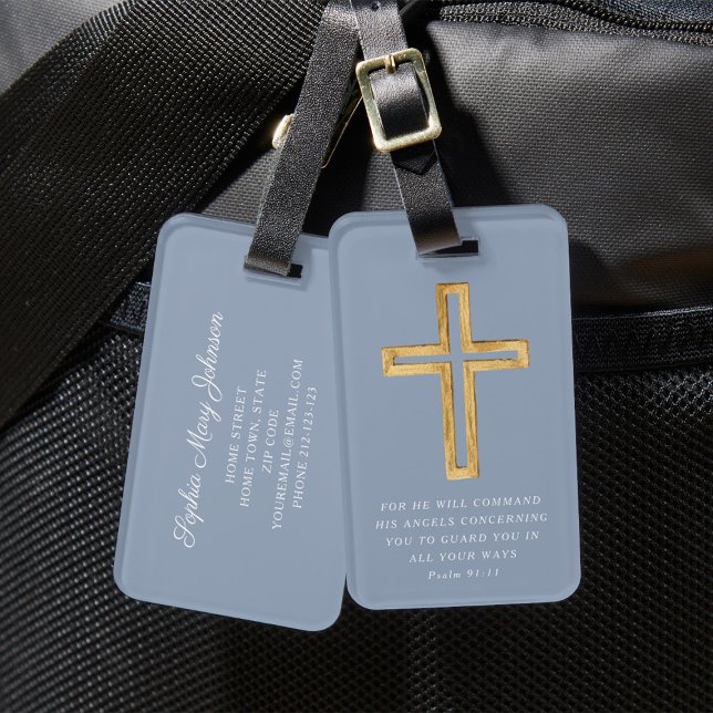 Blå psalm 91:11 Bläst resande Religiösa Kor Bagagebricka (Blue Psalm 91:11 Blessed Travel Religious Cross Luggage Tag)