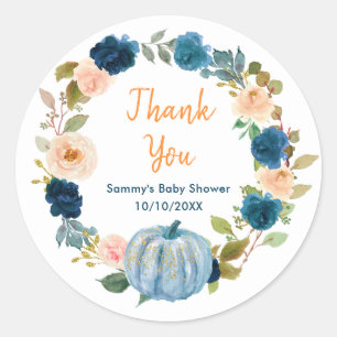 Blå Pumpa Baby Shower Tacksamhetskort Runt Klistermärke