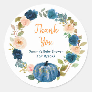 Blå Pumpa Baby Shower Tacksamhetskort Runt Klistermärke