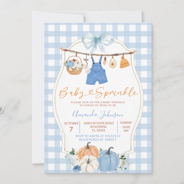 Blå Pumpa Baby Sprinkle Inbjudan | Höstbarn  (Framsida)