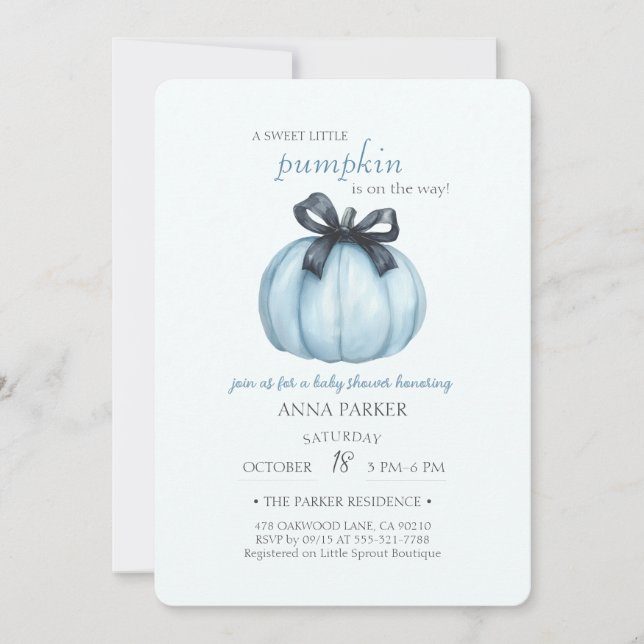 Blå Pumpa Bow Baby Shower Firande Inbjudningar (Framsida)