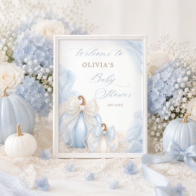 Blå Pumpa Bow Baby Shower Välkommen Poster (Skapare uppladdad)
