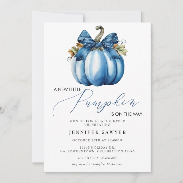 Blå Pumpa | Höst Baby Shower Inbjudningar (Framsida)