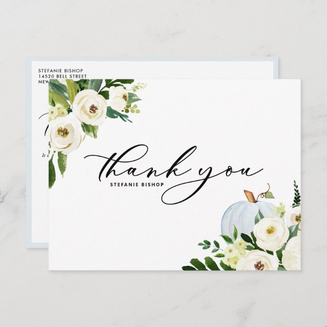 Blå pumpa och vita blommor Grattis tackkort Vykort (Fram/baksida)