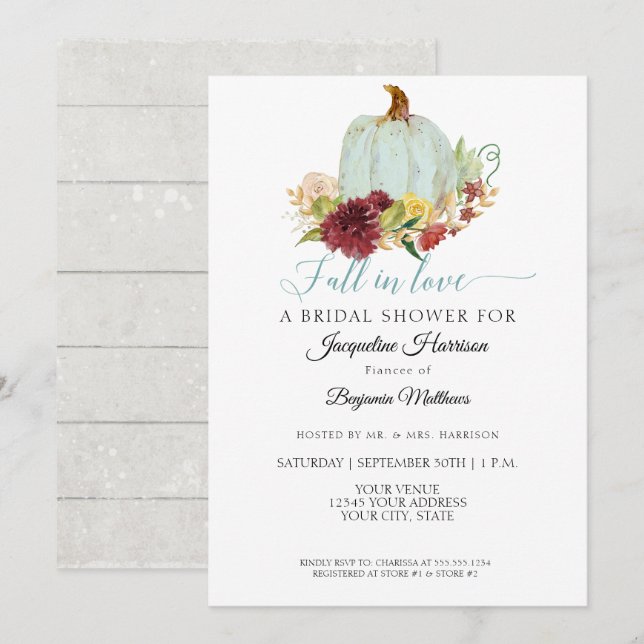 Blå Pumpa Rustik Burgundy Blommig Bröllopsfest Inbjudningar (Fram/baksida)