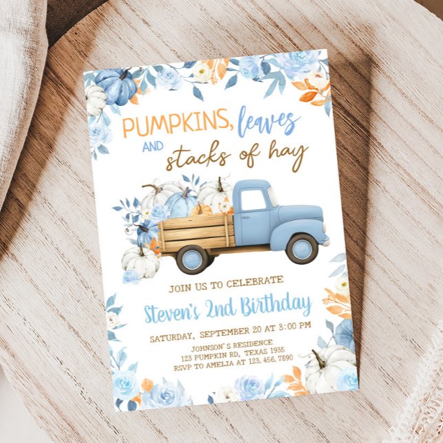 Blå Pumpkin Lastbil Fall Birthday Inbjudningar (Blue Pumpkin Truck Fall Floral Birthday Invitation)