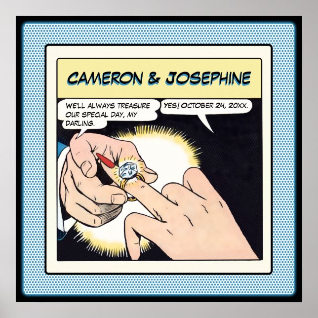 Blå punkter vid tecknad Stil Bling Ring Bröllop Poster (Framsidan)