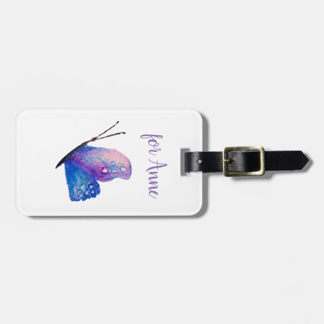 Blå, Purle Butterfly Art Luggage Tag Bagagebricka (Horisontell Framsida)