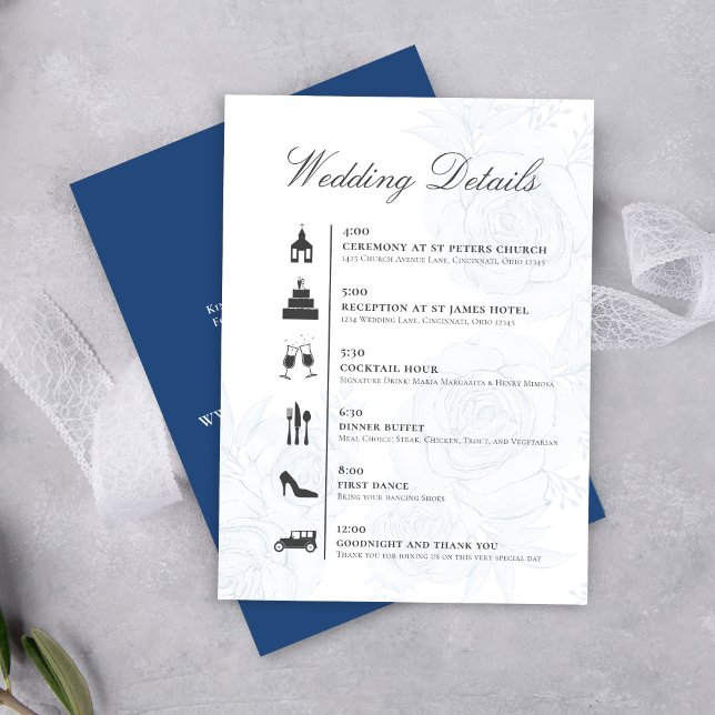 Blå QR-kod Bröllopsdetaljer Tidslinjekort Tilläggskort (Elegant floral wedding details card with calligraphy script and clear timeline layout.)