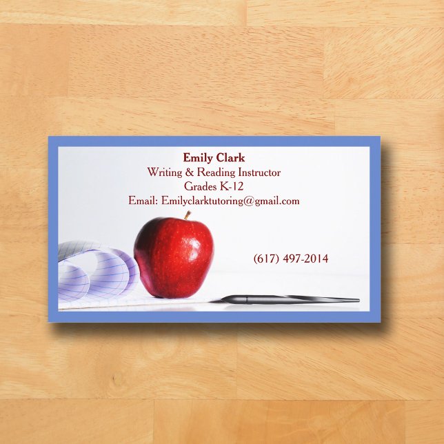 Blå QR-kod Skollärare Röd Apple   Visitkort (Blue Business Card for Teacher )