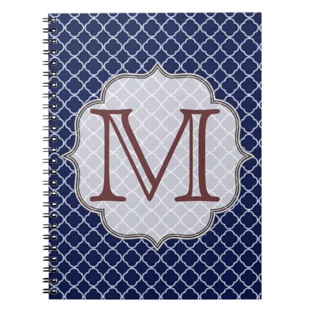 Blå Quaterfoil Latti Monogram Note Bok Anteckningsbok Med Spiral (Framsidan)