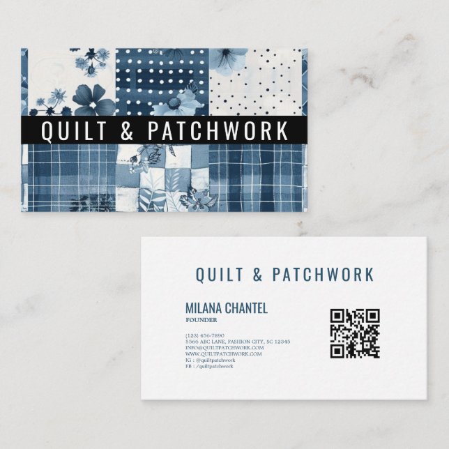 Blå Quilt Patchwork Handgjorda Kläder  Visitkort (Fram/baksida)
