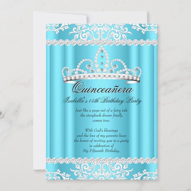 Blå Quinceanera 15-års födelsedagskrona 2 Inbjudningar (Framsida)