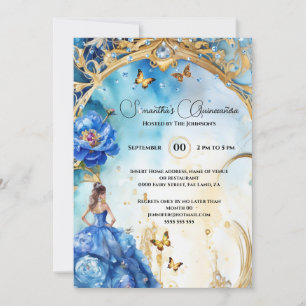 Blå Quinceañera ballgown glitter butterfly Inbjudningar