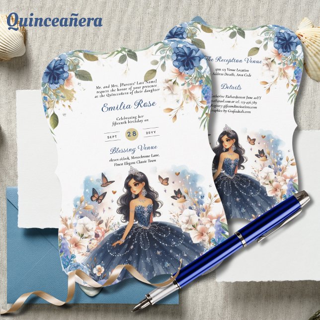 Blå Quinceanera Dress Blommigt Butterflies Inbjudningar (Skapare uppladdad)
