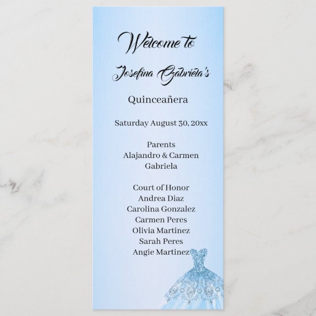 Blå Quinceanera dubbelsidigt programkort  Program (Framsida)