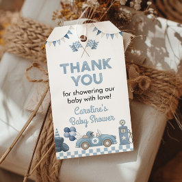 Blå Racingbil Baby Shower Party Tack Presentetikett