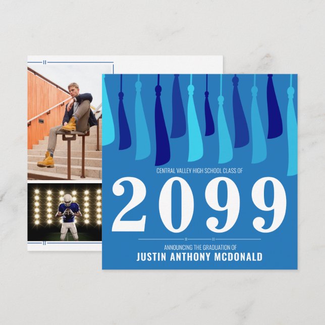 Blå rad av Tassels Two-Photo Studenten Inbjudningar (Fram/baksida)