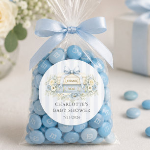 Blå rand baby shower tack stiker runt klistermärke