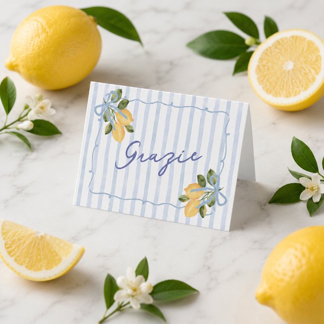 Blå rand Grazie Lemon Baby Shower Tack Kort (Blue Stripe Grazie Lemon Baby Shower Thank You Card)