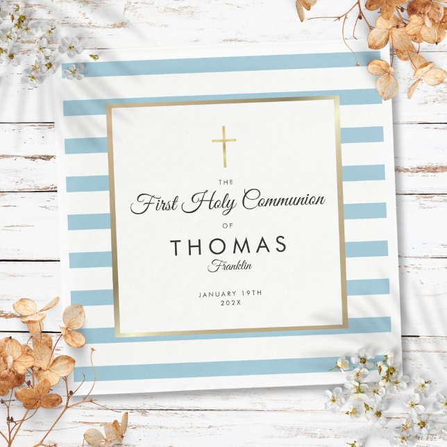 Blå rand Guld kors första heliga kommunion Pappersservett (Blue Stripe Gold Cross First Holy Communion Napkins)