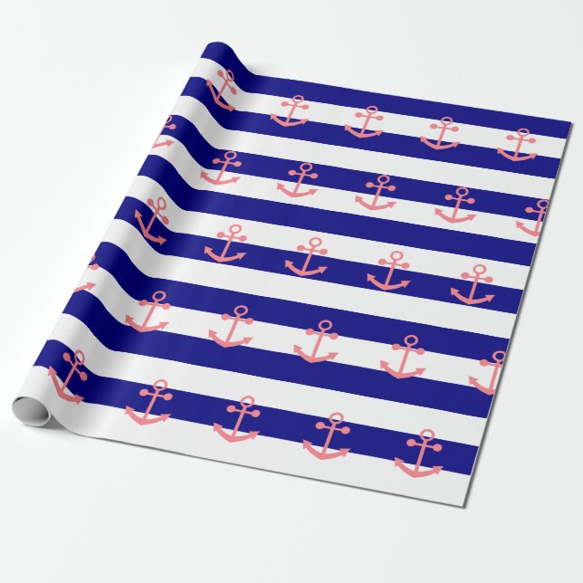 Blå Rand i flottan och  Rosa Nautical Anchor Presentpapper (Utrullad)