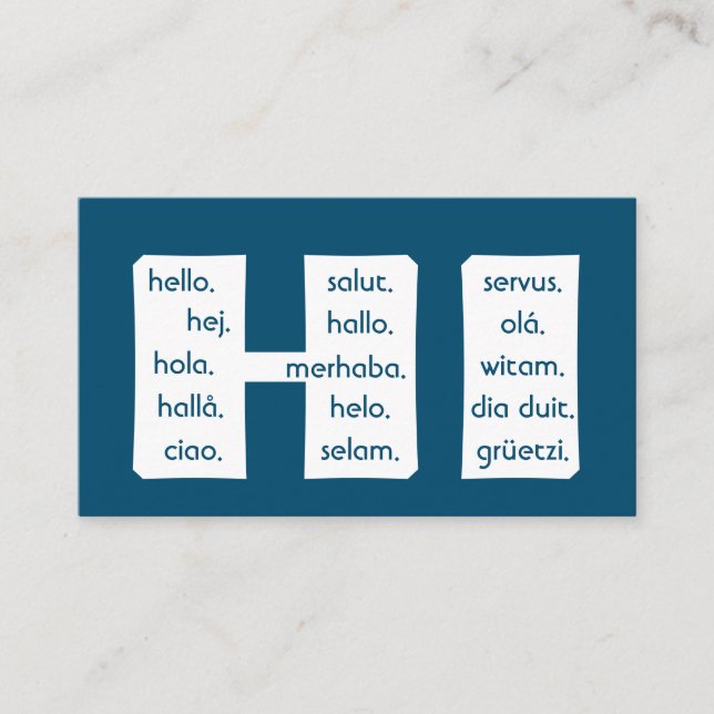 Blå rand internationell-språk hej visitkort (Framsida)