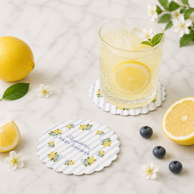 Blå Rand Lemon Födelsedagsfest för Bebis Underlägg Papper (Blue Stripe Lemon Baby Shower Paper Coaster)