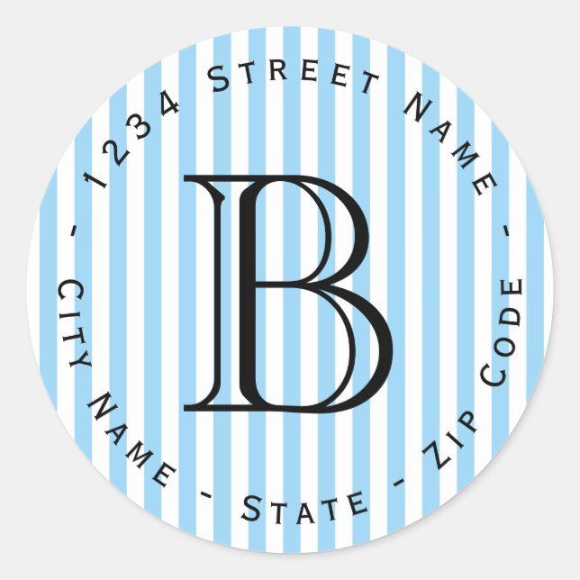 Blå Rand Monogram-returadressetikett Runt Klistermärke (Framsida)